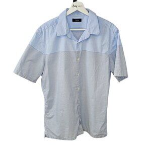 Theory Mens Irving Short Sleeve Button Up Shirt Size Large Blue Striped Cotton